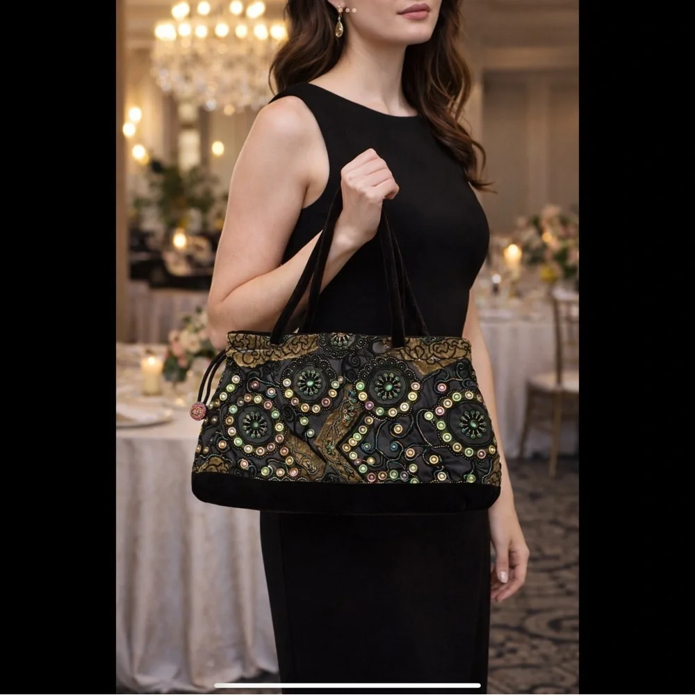 Rare Boho Vintage Beaded Velvet Evening Bag Embroidered Floral Jewel Purse